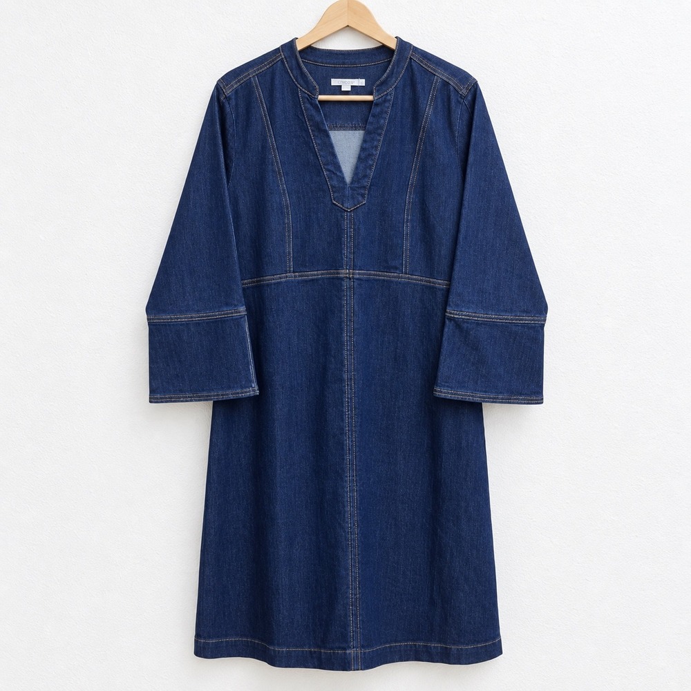 Chico's Denim Shift Dress Split V-Neck Blue Indigo 3/4 Sleeve Size 2 Large Jen
